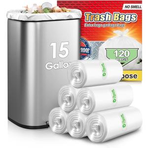 15 Gallon 120 Counts Strong Tall Kitchen Trash Bags,Fit 13,15,16,18 Gal,Garbage Bags by Teivio, Bin Liners, Plastic Bags for home Office,Clear for Bathroom, Clear