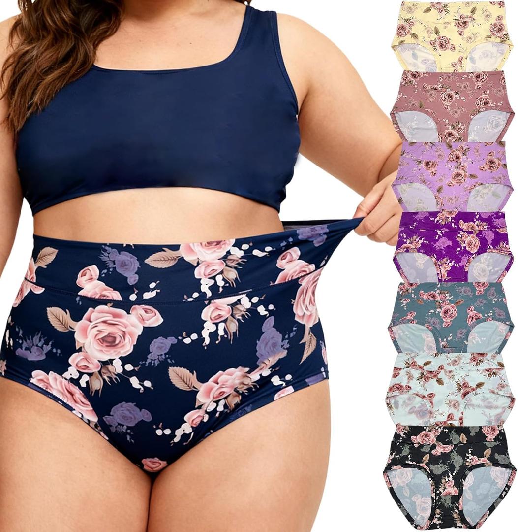 Womens Underwear Plus Size Panties 7 Pack Ladies Briefs Mid High Waist Floral Underwear Undies (XL)