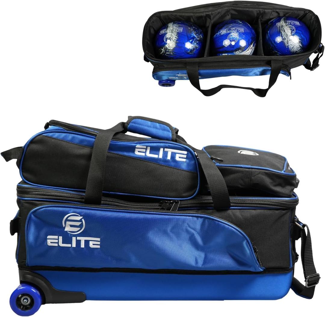 ELITE 3 Bowling Ball Slim Triple Tournament Travel Roller Tote Bag with Wheels -Removable Shoe Compartment and Accessory Pouch - USB Charging Port and Storage Pockets, (Black/Royal)
