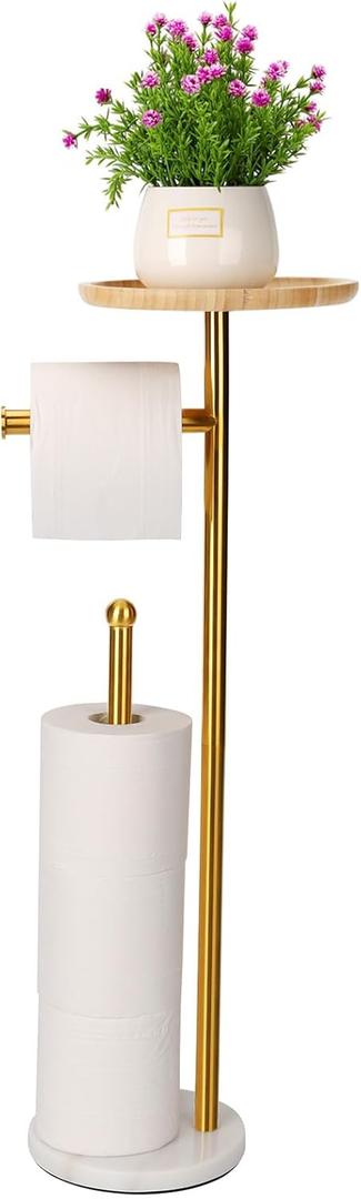 Standing Toilet Paper Holder Gold with 7.9" Big Tray, 2.2Lbs Heavier Marble Base, Freestanding Paper Holder Stand with Phone Shelf, Holds 5 Paper Rolls (Gold)