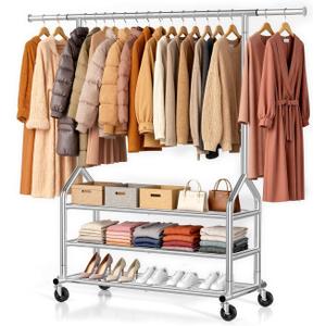 EAGMAK Heavy Duty Clothes Rack Load 686 LBS, Rolling Clothing Rack with 3 Shelves, Height Adjustable Metal Coat Rack, Portable Garment Closet Wardrobe Organizer with Wheels for Hanging Clothes, Silver