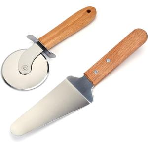 Pizza Wheel Cutter and Pie Server, Pizza Spatula Wtih Wood Handle, Nonstick Stainless Steel Pizza Cutter Wheel With Sharp Blade