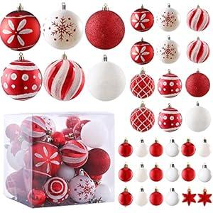 36ct Christmas Ball Ornaments Sets, Red & White Shatterproof Balls for Christmas Tree Decorations Assorted Shapes and Sizes Hanging Ball for Holiday Festival and Party Decoration (Red White)