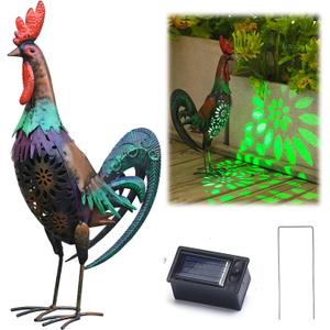 Solar Rooster Statue Light Outdoor, 18" Metal Yard Art Rooster Figurines(Retro Rooster).