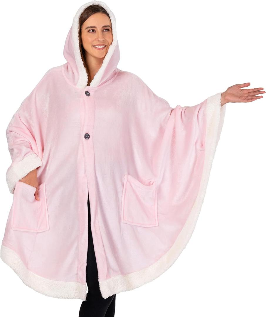 PAVILIA Wearable Blanket for Adult Women, Cozy Plush Fleece Blanket Poncho Cape with Hood, Super Soft Shawl, Angel Wrap Throw for Office, Light Pink