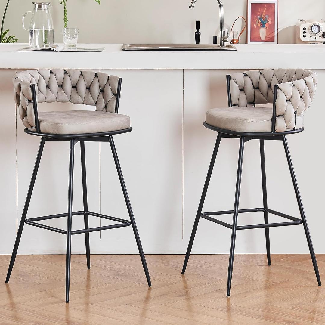 30inch Bar Stools Set of 2,360 Swivel Counter Height Bar Stools, Suede Fabric Modern Stool Chairs with Woven Back and Footrest for Kitchen Island, Cafe, Pub, Bar Counter,Light Grey