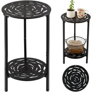 2-Tier Metal Round Side Table Black Accent Coffee Tables Small Space Corner Plant Stand Shelf for Indoor Outdoor Use Patio Balcony End Table Laser-Cut Floral Pattern Weather-Resistant