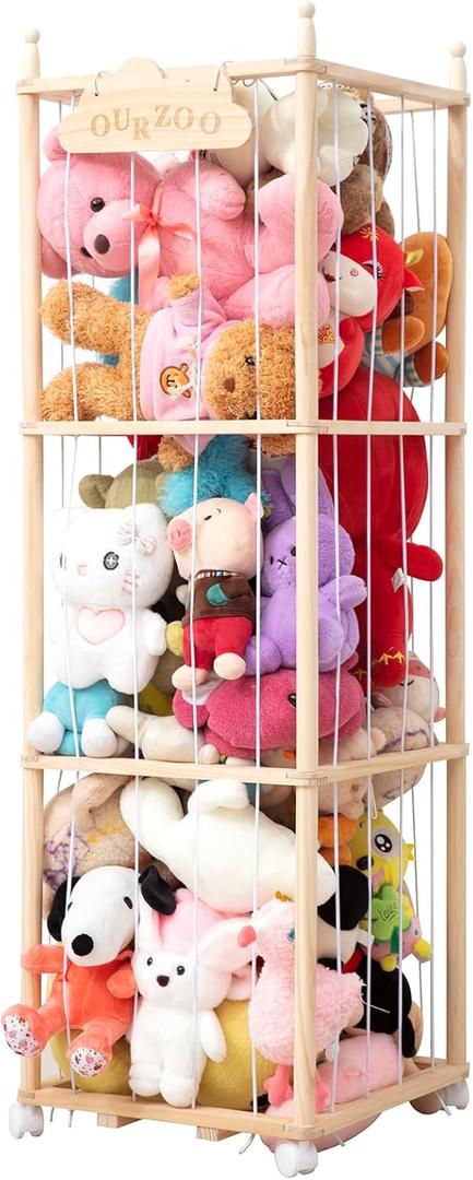 Nuoex Stuffed Animal Storage, Wooden Zoo Toy Storage Holder with Wheels, Extra Large Capacity Stuffed Animals Organizer Cage, Soft Toy Stuffed Animal Holder Tower for Nursery Playroom Bedroom