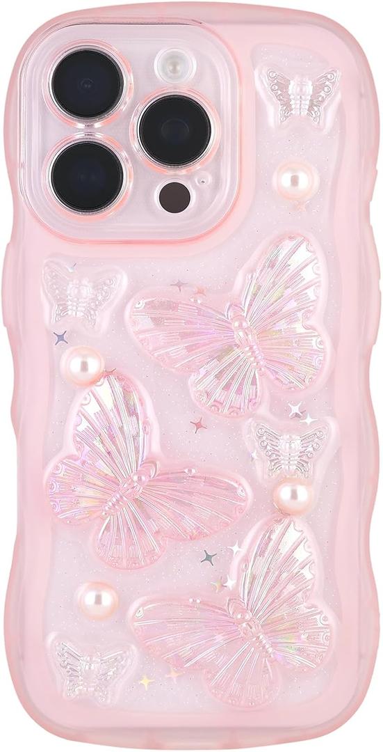 Compatible with iPhone 16 Pro,3D Butterfly Design Cute Kawaii Bling Frame Shape Soft Silicone Shockproof Protective Phone Cover for Women Girls Pink