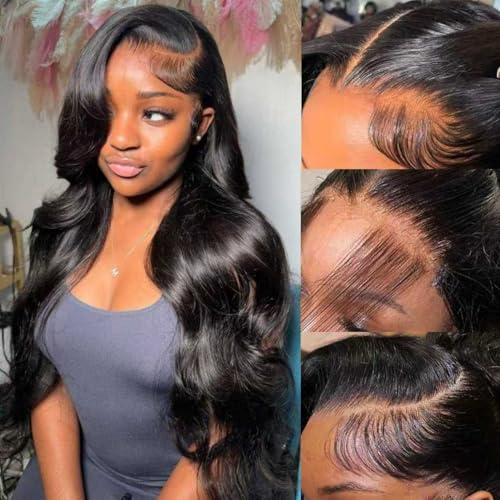 Jexazr Body Wave Lace Front Wigs Human Hair Pre Plucked 13x6 HD Transparent Lace Front Wigs Human Hair 200% Density Brazilian Glueless Frontal Wigs For Women with Baby Hair (Black, 16Inch)