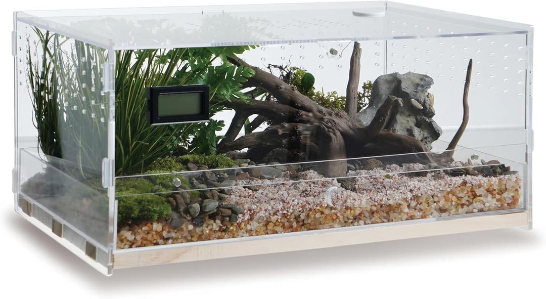 Acrylic Clear Reptile Habitat Enclosure Terrarium with Latch Perfect for Amphibians and Invertebrates Such as Spiders, Frogs (Horizontal Wood Large)