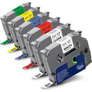 6-Pack 6mm 0.23" Laminated Tape Compatible for Brother P Touch Label Tape 6mm Tze211 Tze111 Tze411 Tze511 Tze611 Tze711 1/4" Tze Tz 0.23" Label for PTD220 PTH100 PTH110 PTD202 PTD210 (Black on Clear/White/Red/Blue/Yellow/Green)