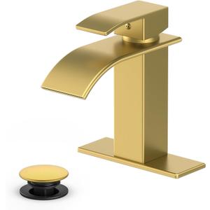 Ryuwanku Bathroom Faucet Brushed Gold Modern Waterfall Bathroom Sink Faucet with Single Handle Suitable for 1 or 3 Holes,Supply Deck Plate and Hose