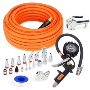 22 Pieces Air Compressor Accessories kit, 3/8 inch x 50 ft Hybrid Air Compressor Hose Kit, 1/4" NPT Quick Connect Air Fittings, Tire Inflator Gauge, Heavy Duty Blow Gun, Swivel Plugs