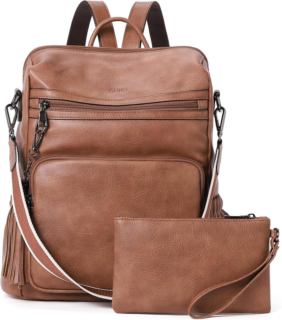 CLUCI Womens Backpack Purse Leather Backpack Large Fashion Designer Travel Ladies Shoulder Bags with Wristlet 2PCS