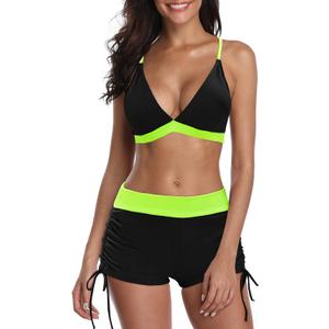 Women's Sporty Two Piece Swimsuits Halter Push Up Bathing Suits Athletic Swimwear for Women (10-12, 03 Black & Green)