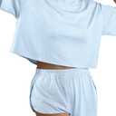 Remidoo Womens Split Short Pajama Set Striped Tee Shirts and Shorts Slit Pajamas Pj Sets White Blue Small (S)
