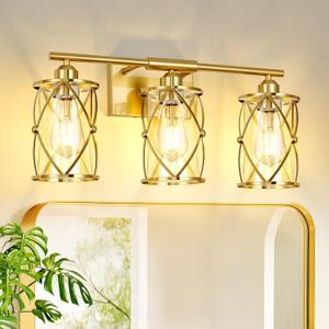 3-Light Brushed Gold Bathroom Light Fixtures, 21 Inch Modern Bathroom Vanity Lighting Fixtures Over Mirror with Clear Glass and Metal Cage Wall Sconce Lights for Bath, E26, CH9176BG-3W, Gold + Clear Glass