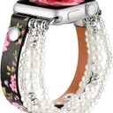 fastgo Leather Wrap Bracelet Band Compatible with Apple Watch 44mm 42mm 45mm 49mm Women,Elastic Beaded Pearl Bracelet Strap for Iwatch SE &Series 9 Ultra 8 7 6 5 4 3 2 1 Black Pink(42/44/45/49mm)