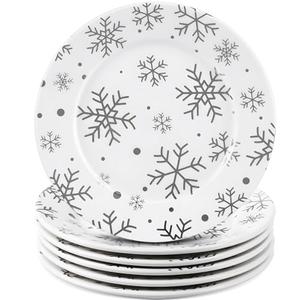 Honeydak 6 Pcs 6 Inch Christmas Snowflake Plates Ceramic Porcelain Plate Silver White Snowflake Winter Dinner Appetizer Salad Dessert Dishes for Christmas Birthday Winter Party Decoration Supplies