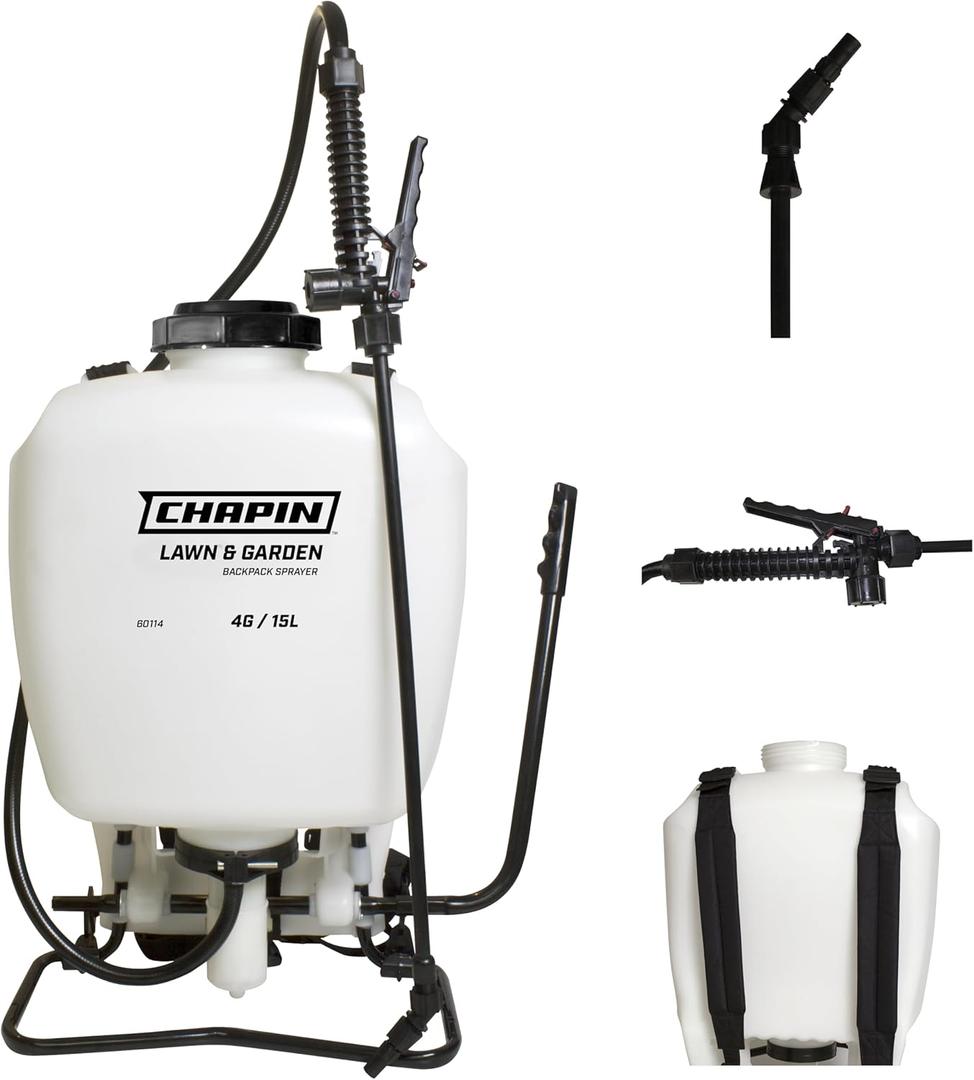Chapin 60114 Backpack Sprayer, 4Gallon Pump Sprayer, Translucent Poly Tank, 3Stage Filtration, Adjustable Poly Cone Nozzle & 20" Wand for Lawn & Garden Weed, Pest & Fertilizer Applications