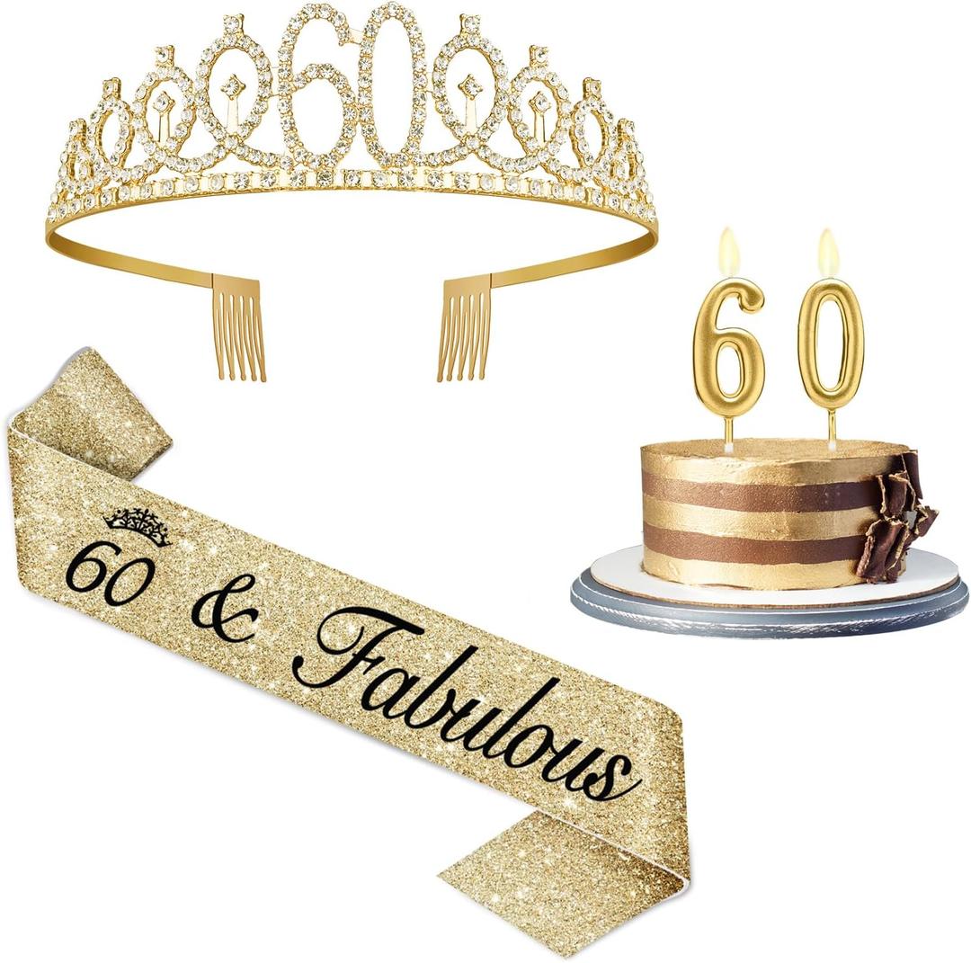 60th Birthday Decorations for Women Gold with Sash and Tiara, Gold Number Candles, 60th Birthday Gifts for Women