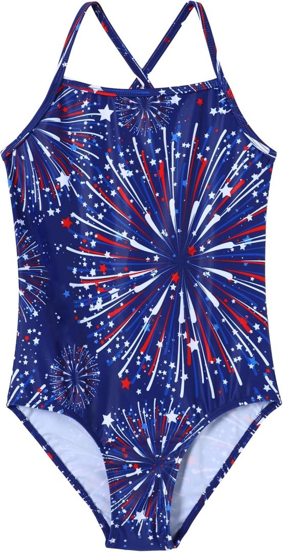 Girls Swimsuit One Piece Bathing Suit Quick Dry Beach Swimwear Cute Cross Shoulder Strap Swimming Suits 2-10 Years (American Stars)