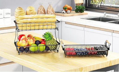 GACONPT 3 Tier Fruit Basket Bowl with 2 Banana Hangers for Kitchen Counter, Vegetable Countertop Produce Storage Holder, Large Capacity Metal Wire Fruits Stand Organizer for Onion Potato Bread Snack White