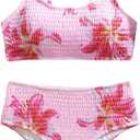Girl's 2 Piece Floral High Waisted Swimsuit Smocked Wireless Bathing Suit Boho Holiday Beachwear Set (Pink) for 15 yrs