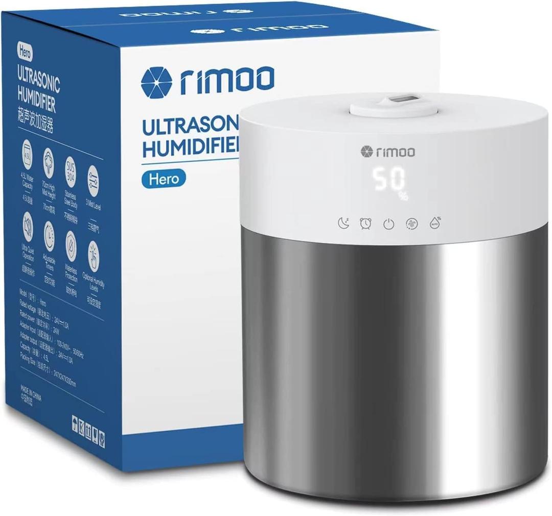 RIMOO Stainless Steel Humidifier, 4.5L Easy to Clean Humidifier with 304 Stainless Steel Tank, Cool Mist Humidifiers for Bedroom with Smart Humidistat & Timer, 25dB Sleep Mode for Baby, Plants