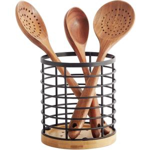 WDT Tool Utensil holder for Kitchen Counter - 5.2" x 5.2" x 6" Large Round with Wooden Base Matte Black Cooking Utensil Holder Utensil Organizer (Metal+Bamboo)