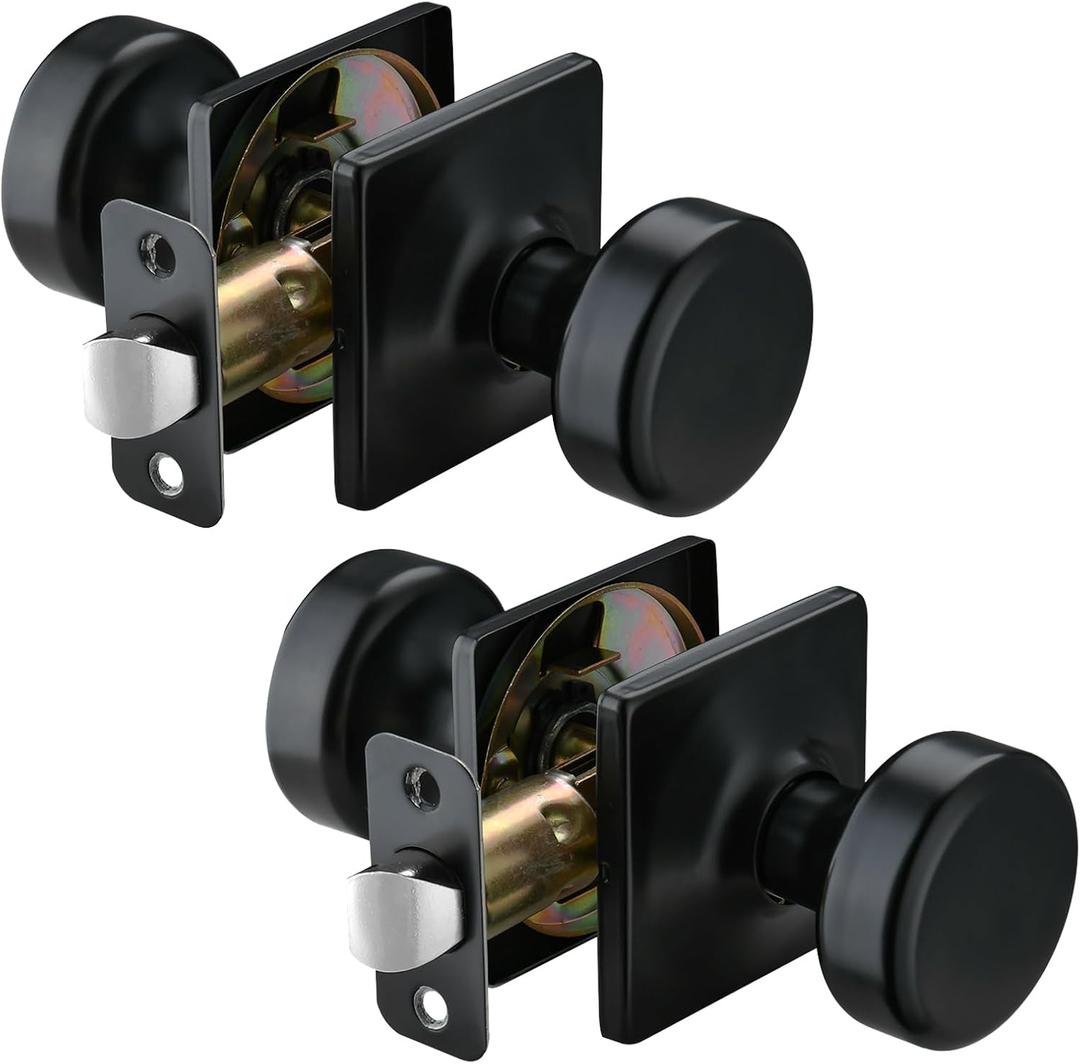 2 Pack Black Door Knobs with Square Rosette,Pismo Interior Door Knob for Hall & Closet, Non-Locking