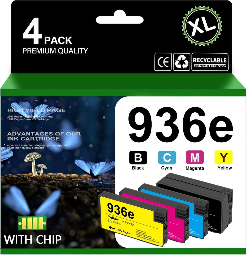 936xl 936e 936 Ink Cartridges with Chip Replacement for HP 936 936e Ink Cartridge Compatible with OfficeJet 9122e OfficeJet Pro 9110b 9125e 9128e 9130b 9135e 9730e PrinterBlack Cyan Magenta Yellow