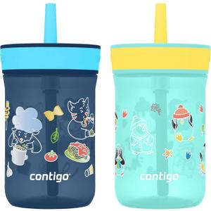 Contigo Leighton Kids 14oz Spill-Proof Tumbler 2-Pack with Straw, Blueberry/Spaghetti & Jade/Penguin  Prints