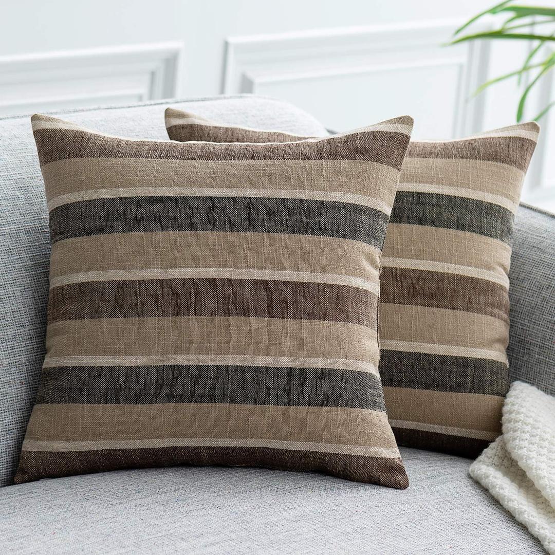 2 Pieces Decorative Classic Retro Stripe Throw Pillow Cover Wite Hidden Zipper Soft Linen Modern Farmhouse Cushion Case for Sofa Bedroom Car 16 x 16 Inch Black Brown Mixed