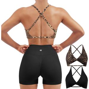 SUUKSESS Women 2 Piece Open Back Strappy Sports Bra Pack Twist V Neck Workout Crops (Medium, #2 Cheetah & Black)