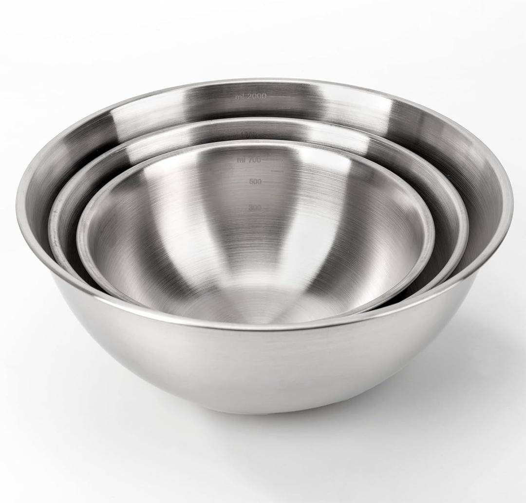 3-Set Stainless Steel Mixing Bowls Set (6.3"+7.1"+8.26"), Metal Bowl Sets with Measurement Marks, Dishwasher Safe & Stackable - Perfect for Baking, Salad Making, Meal Prep and Kitchen Use