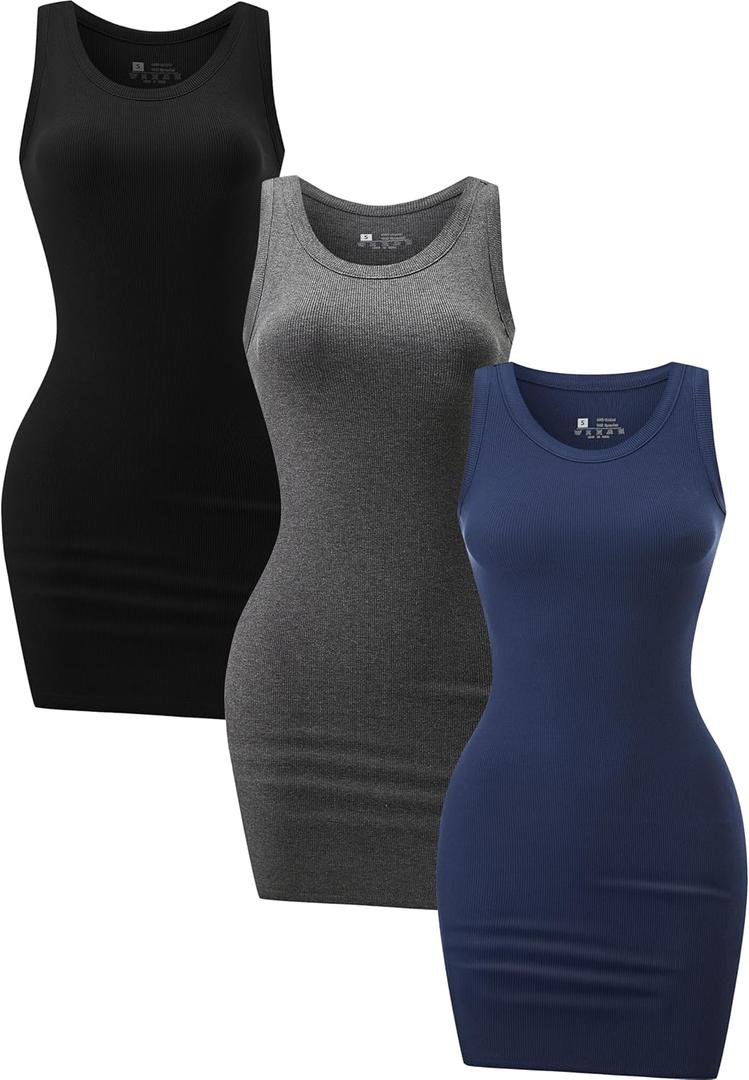 Chongbaijia 3 Pack Summer Dresses for Women 2026 Ribbed Crewneck Tank Top Dress Sleeveless Sundress Basic Bodycon Mini Dress (Small, Black/Gray/Blue)