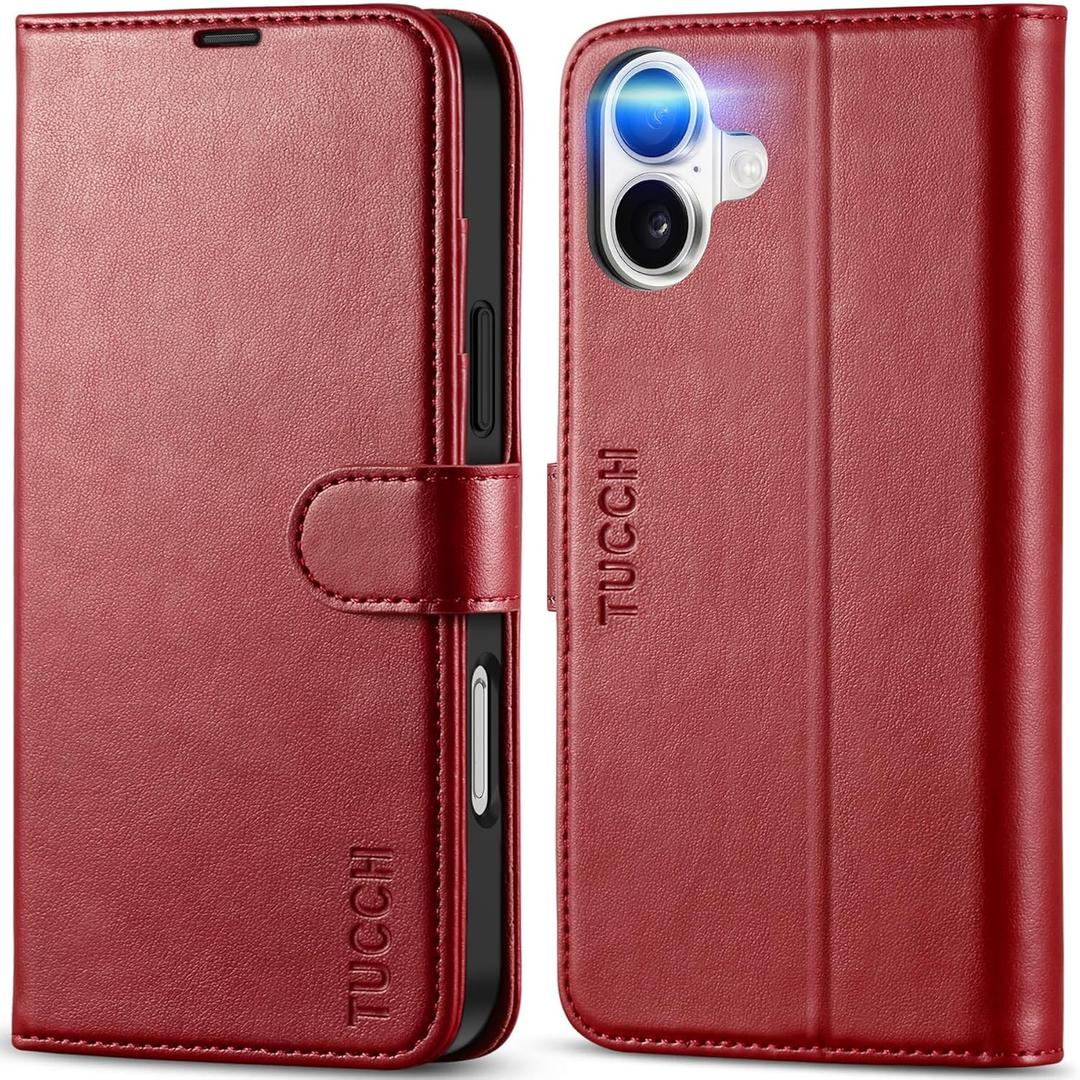 TUCCH Case Wallet for iPhone 16 Plus, RFID Blocking PU Leather Kickstand Folio Cover with 4 Card Slots [TPU Protective Interior Shell], Magnetic Flip Case Compatible with iPhone 16 Plus, Dark Red