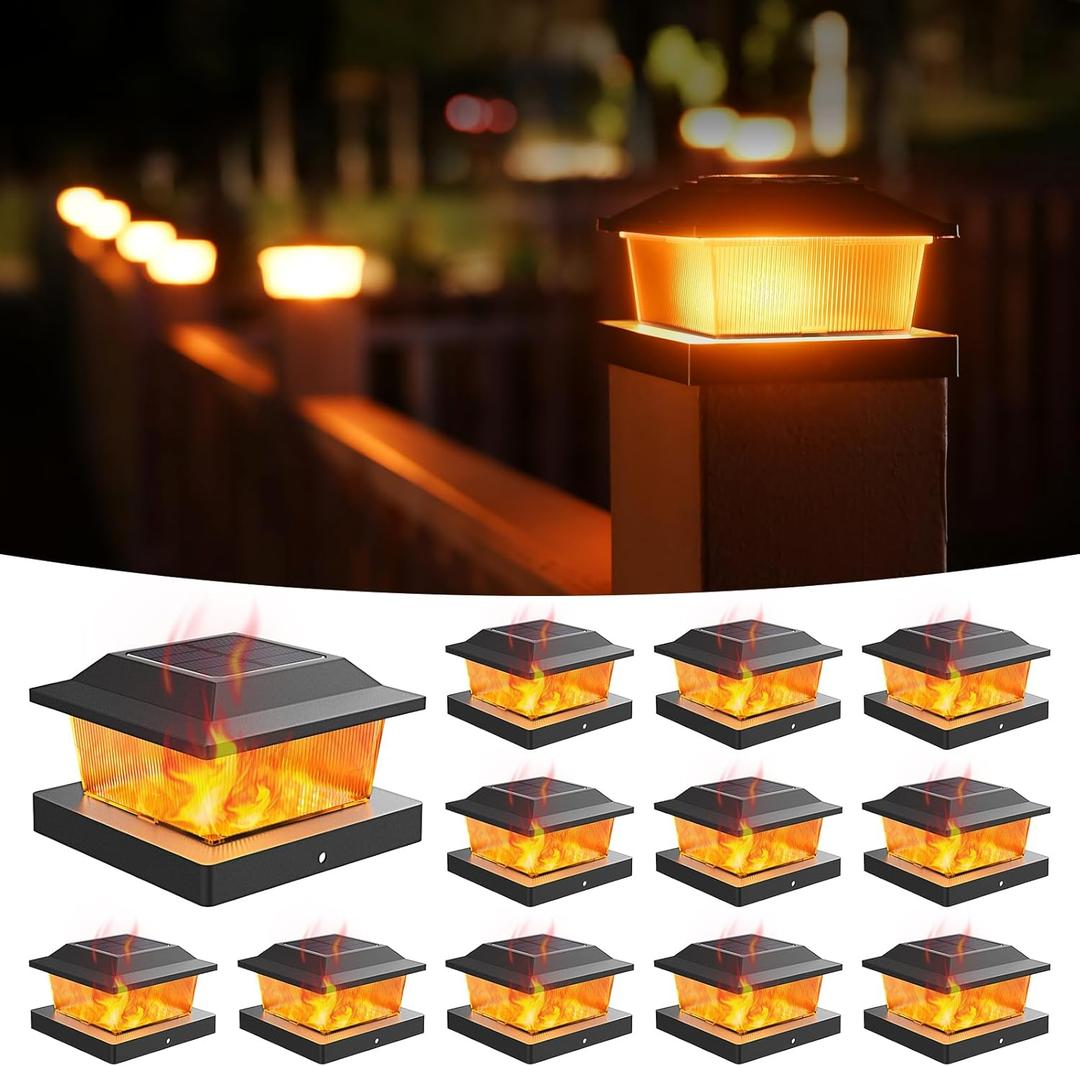 NIORSUN Solar Flame Post Cap Lights Outdoor Waterproof, 4x4 Post Solar Lights with Flickering Flame LED, Fence Posts Solars Light for Deck Patio Garden, 4x4 Posts Caps Wood Vinyl, 12 Pack (Black)