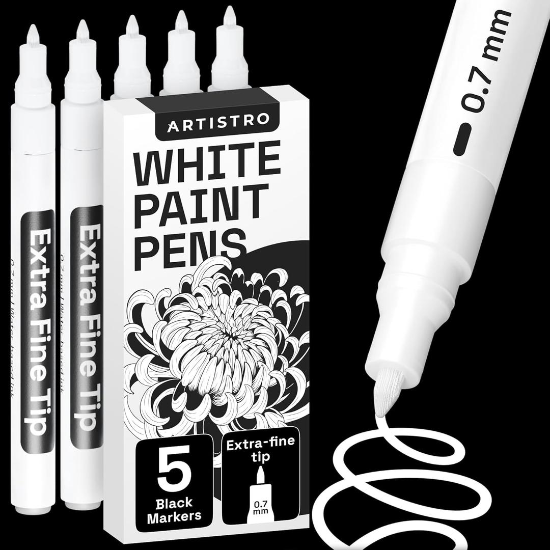 ARTISTRO 5 White Paint Pen for Rock Painting, Stone, Ceramic, Glass, Wood, Tire, Fabric, Metal, Canvas. Set of 5 Acrylic Paint White Marker Water-based Extra-fine Tip