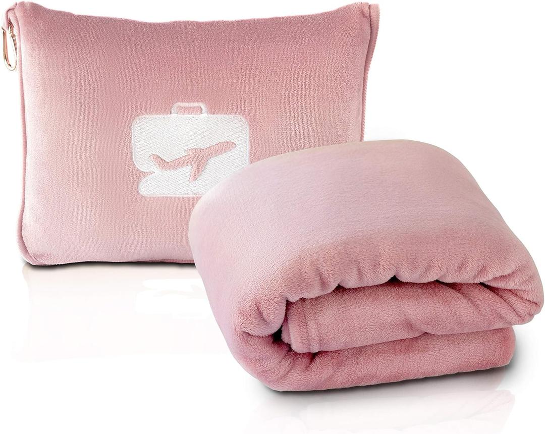 EverSnug Travel Blanket and Pillow - Ultra-Soft, Compact & Lightweight, 65x40 Inches, with Carry Case, Luggage Sleeve & Backpack Clip for Airplane Comfort (
Light Pink
)