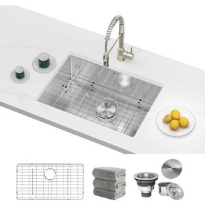Kitchen Sinks 23x18 Inch Undermount Kitchen Sink Stainless Steel Sink 16 Gauge Single Bowl Sinks Set (5 Item Bundle: Sink, Bottom Grid, Drain Assembly, Drain Cap, Towel)