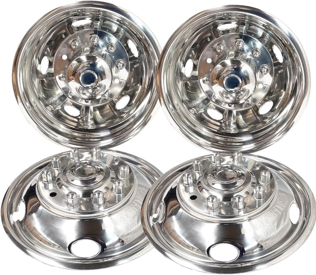19.5" Front Rear Polished Stainless Steel Dually Wheel Simulators,4pcs Durable Bolt On 10 Lug 5 Hand Hole Wheel Cover Hubcaps fit for 2005-2024 Ford F-450 F-550 Super Duty