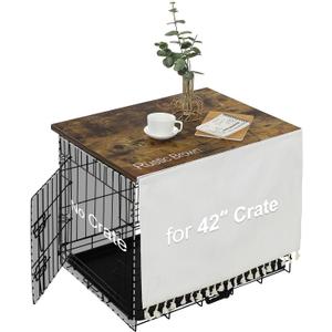 VIE DE AMAN Dog Crate Topper Wood for 48 42 36 24 inch Cages, Table Topper with Tassel Curtain, Rustic Style Dog Kennel Topper, Rustic Brown(Dog Crate Not Include)