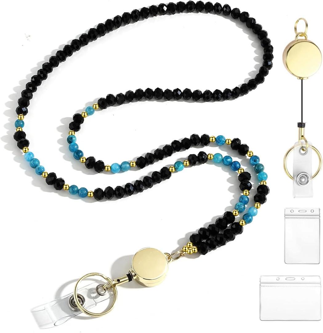 Lanyards for ID Badges for Women Cute,Teacher Lanyard for Women Retractable Natural Crystal Beaded Lanyards for Keys (Apatite)