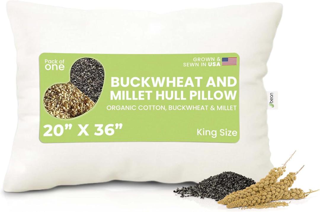 Bean Products Multi Grain King Bed Pillow for Sleeping  Eco-Friendly Breathable Organic Buckwheat and Millet Hulls Fill with Organic Cotton Fabric Head Pillow - Made in The USA, 20" x 36"