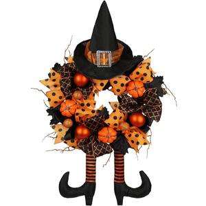 Halloween Wreath for Front Door 16" Tinsel Black Witch Wreath with Hat Legs and Orange Pumpkin for Fall Autumn Indoor Window Door Thanksgiving Halloween Decorations