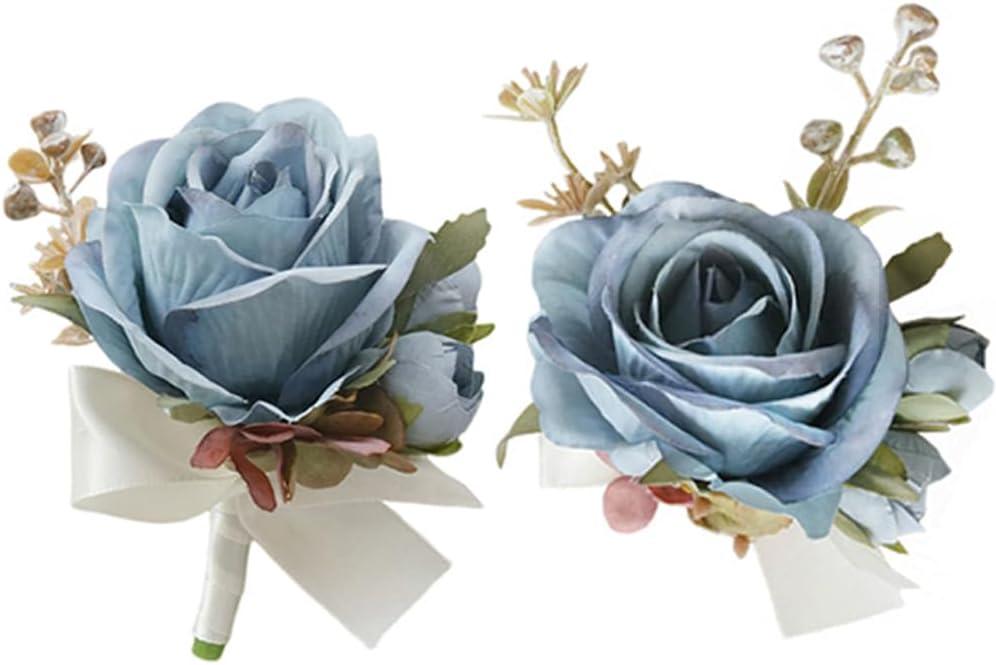 MAFELOE Artificial Rose Corsage Boutonniere Set for Groom Bride Groomsmen Bridesmaids, Simulated Flowers Accessories Wedding Party Prom Suit Decorations-2 Pieces of Retro Blue
