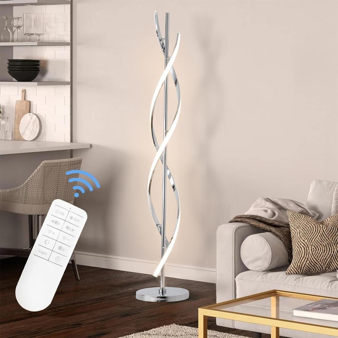ADISUN 40W LED Modern Floor Lamp Remote Control Dimmable Spiral Floor Lamp Indoor Tall Lamp Floor Lamps for Living Rooms Family Rooms Bedrooms Offices Lighting (Silver)
